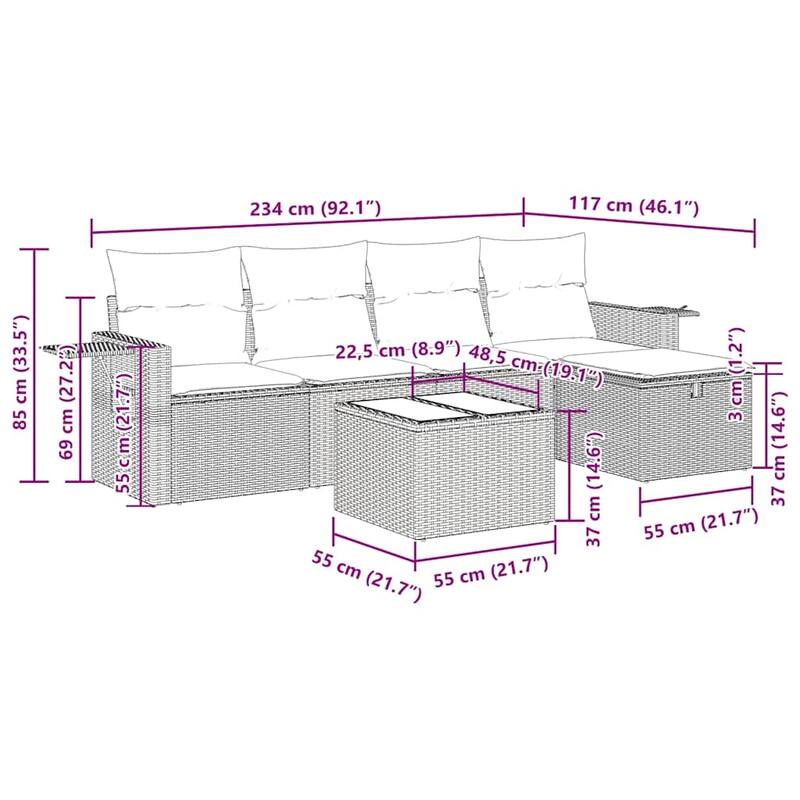 vidaXL Patio Sofa Set with Cushions Outdoor Conversation Furniture Poly Rattan - 21.7" x 24.4" x 27.2"