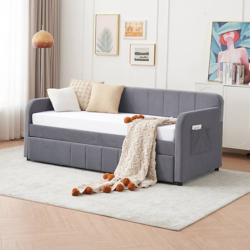 Twin Size Velvet Upholstered Daybed, Wood Sofa Bed Frame Daybed Couch with Trundle Bed and Wood Slat