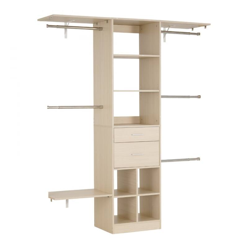 60” Grey Oak MDF Closet Storage Drawers with Hanging Rods and 17 Organized Compartments - 60” x 15.8” x 73”