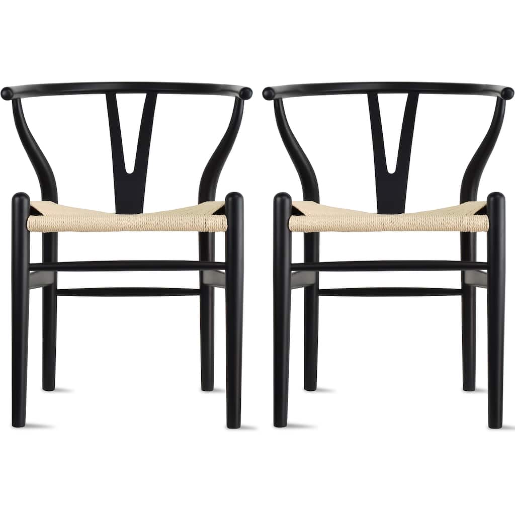 Set of 2 Modern Wish bone Solid Wooden Dining Chair with Woven Paper cord Seat, Farmhouse Y Back Elbow Side Chair