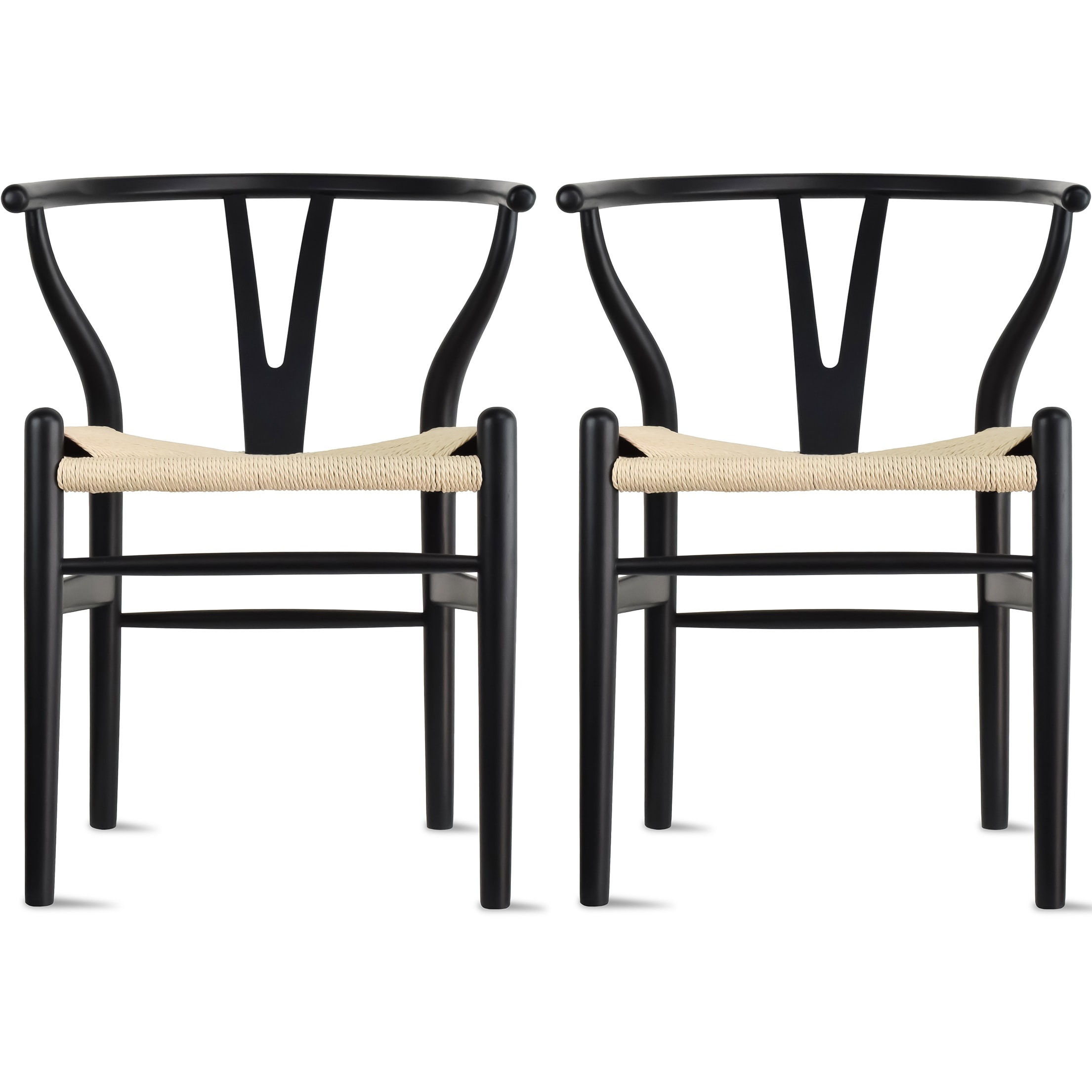 Set of 2 Modern Wish bone Solid Wooden Dining Chair with Woven Paper cord Seat, Farmhouse Y Back Elbow Side Chair