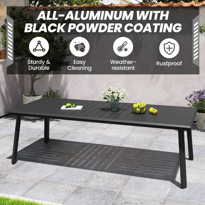 7/9/11 Piece Set Outdoor Aluminum Dining Table with Umbrella Hole for 6-10 Person and Stackable Dining Chairs