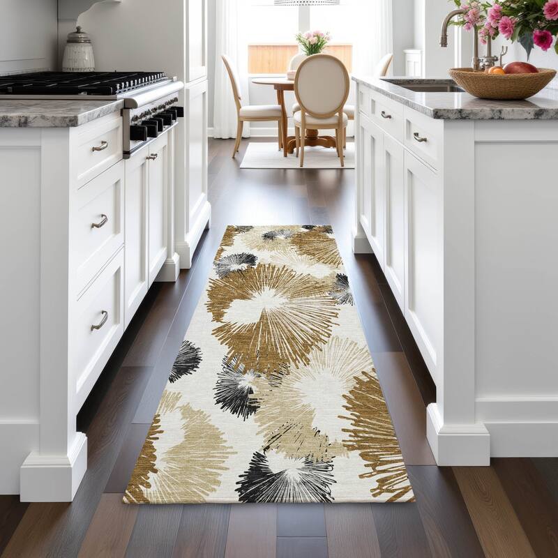 Machine Washable Indoor/Outdoor Modern Floral Chantille Rug