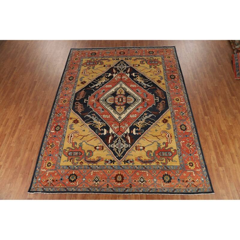 Vegetable Dye Geometric Heriz Oriental Area Rug Handmade Wool Carpet - 9'0" x 11'11"