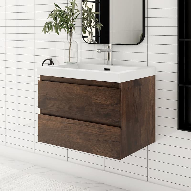 MDF Wall-Mounted Bathroom Vanity Set in Rose Wood with Integrated Culture Marble Sink