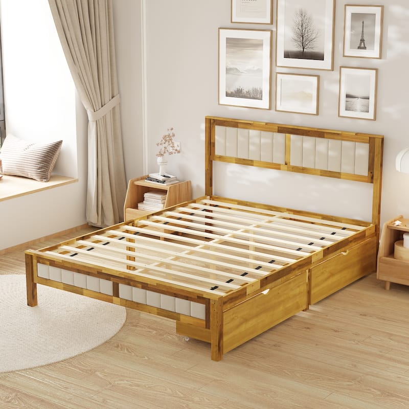 Queen Size Acacia Solid Wood Bed Fram Headboard/Drawer Platform Bed