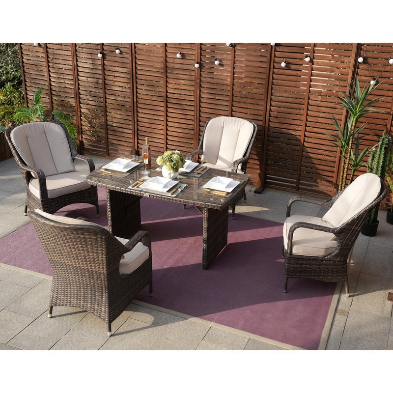 5-Piece Patio Wicker Dining Set with 4 Arm Chairs