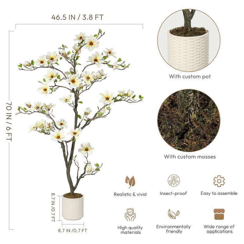 Artificial Magnolia Tree with Realistic White Flowers & Lush Green Leaves