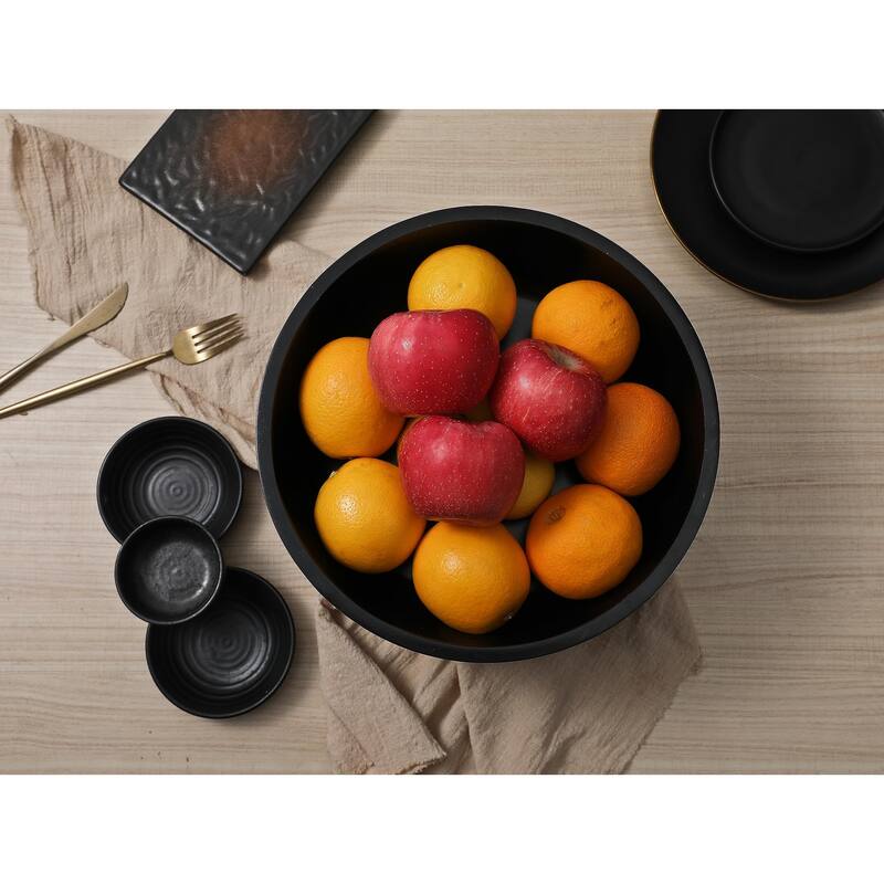 Black Wood Fruit Bowl for Kitchen Counter, 12-inch Diameter Large Wooden Fruit Bowl, Natural Wood