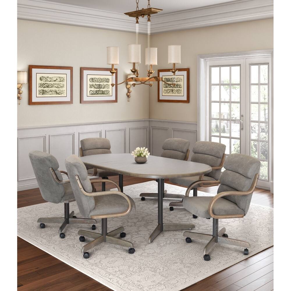 Caster Chair Company 7-Piece 42x[54/72] Driftwood Caster Dining Set Laminate Table Top & Graphite Rolling Swivel Tilt Chairs