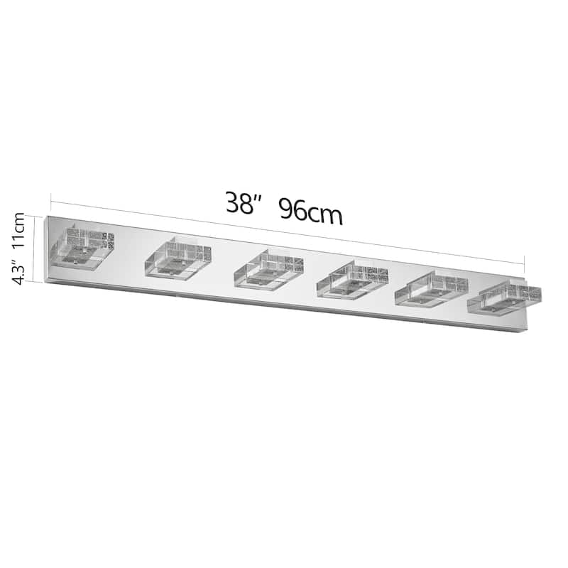 38" Modern Chrome 6-Light LED Vanity Light, Square Acrylic Lampshades Wall Mount Fixture for Bathroom, Mirror Lighting