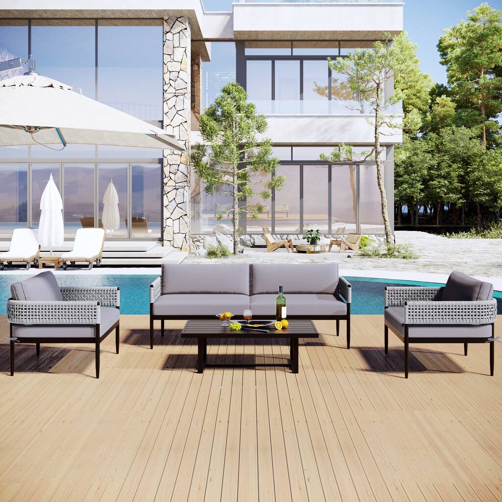 Outdoor Black Steel 4-Piece Conversation Set with Cushions and Table ...