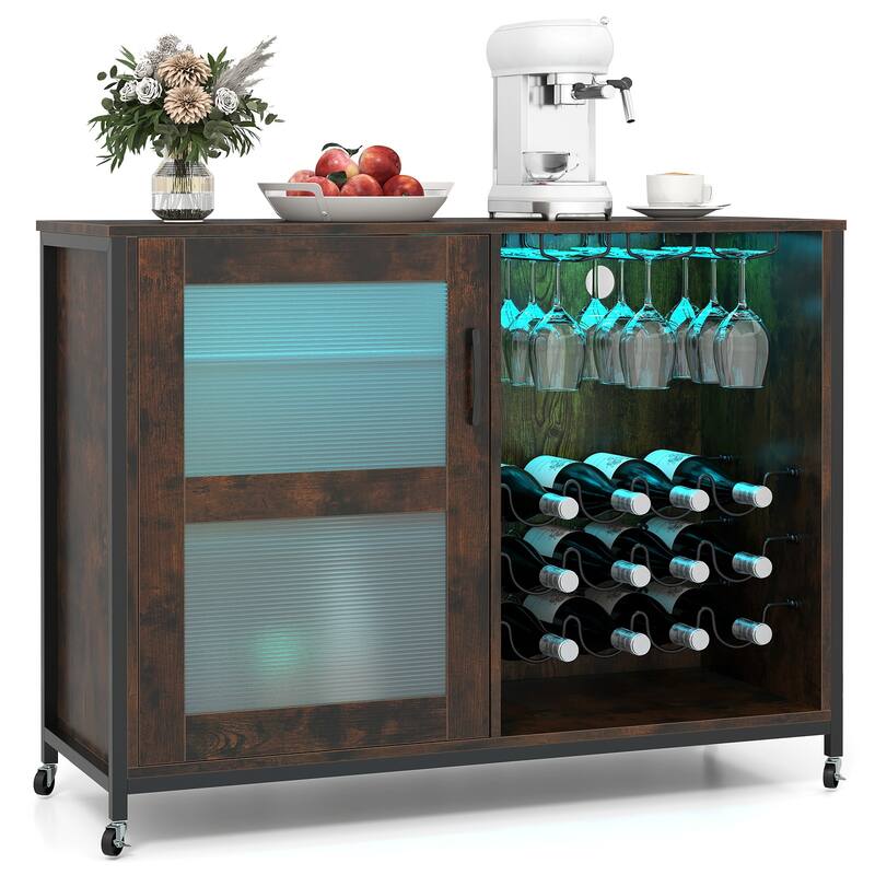 Gymax Wine Bar Cabinet w/ Wheels LED Lights Storage Shelves Glass