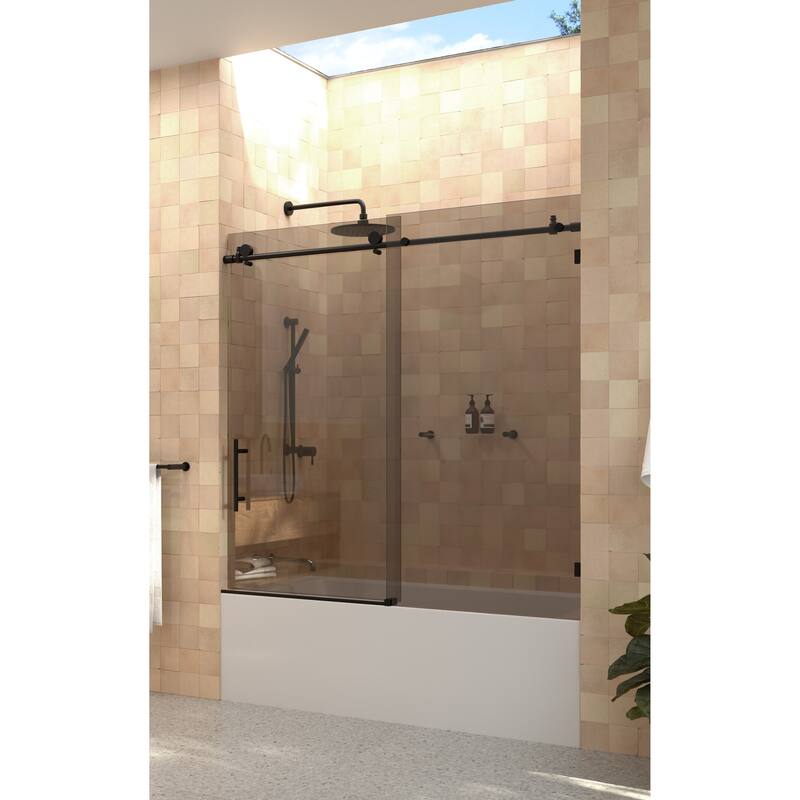 Equinox 60 in. x 60 in. Fully Frameless Glass Bath Slider with Bronze Tint