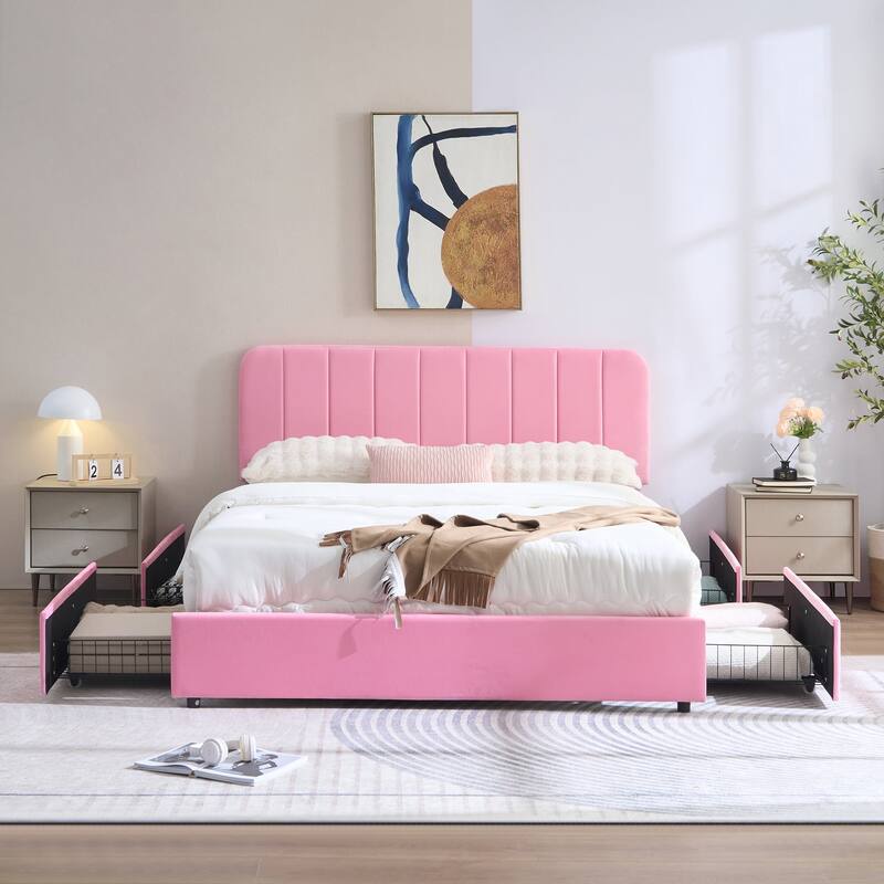 Pink Upholstered Platform Bed Frame with 4 Storage Drawers, Adjustable Velvet Rivets Headboard