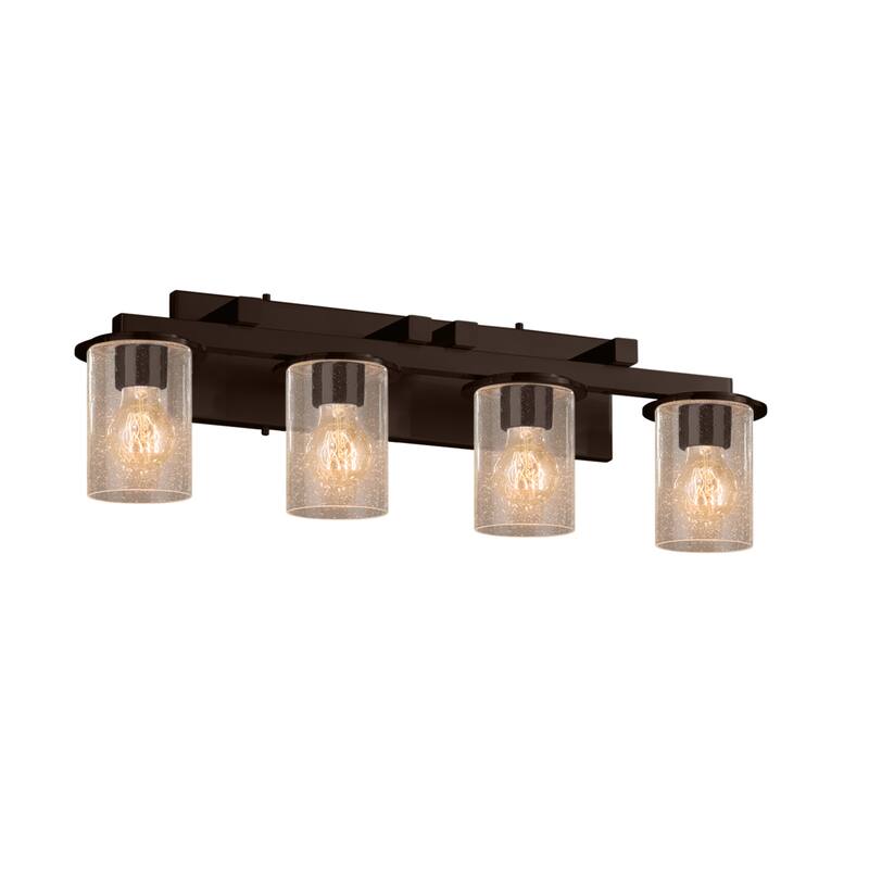 Justice Design Fusion Dakota 4-light Dark Bronze Bath Bar, Seeded Cylinder w/ Flat Rim Shade