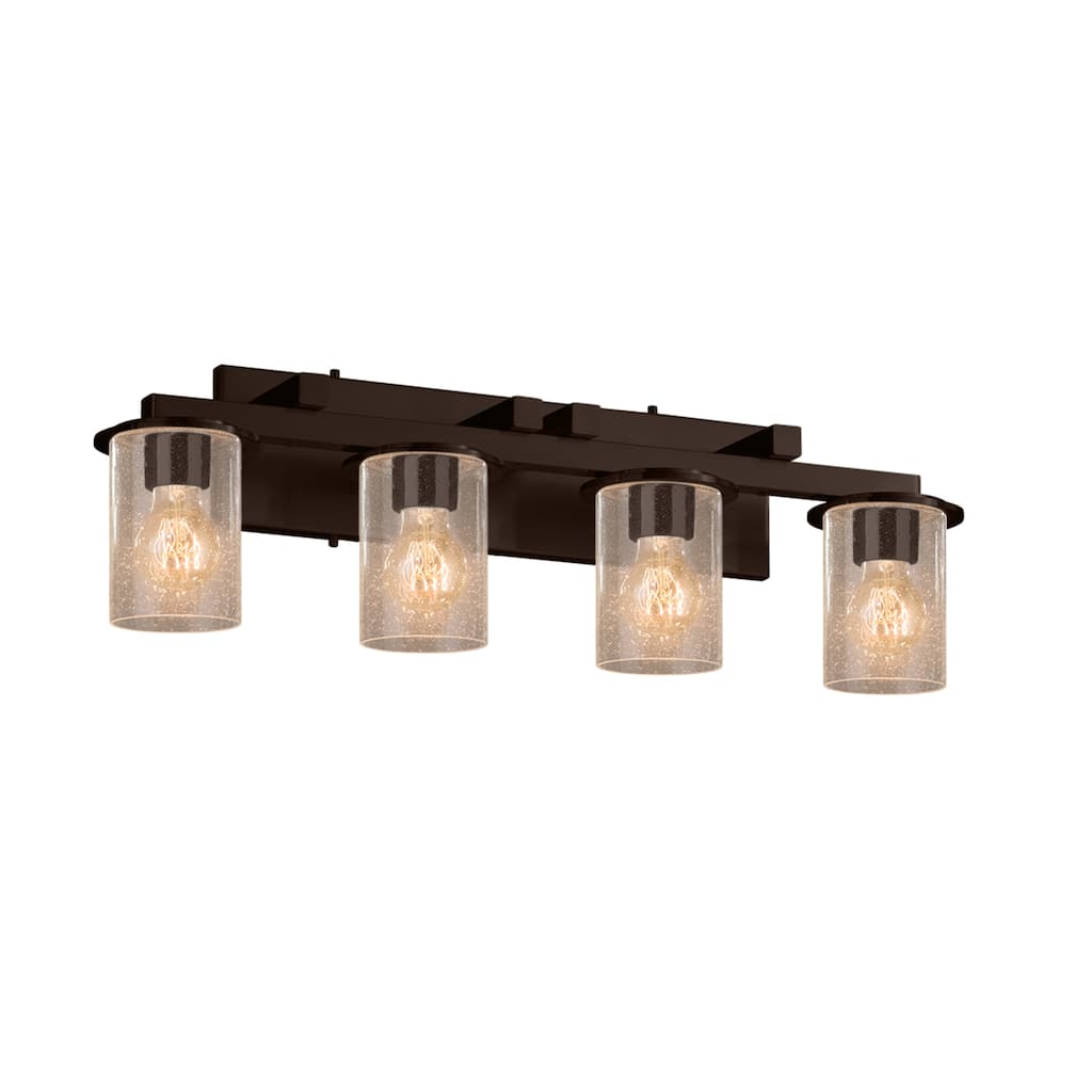 Justice Design Fusion Dakota 4-light Dark Bronze Bath Bar, Seeded Cylinder w/ Flat Rim Shade