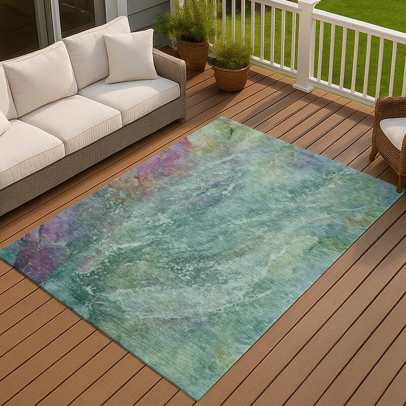 Machine Washable Indoor/ Outdoor Abstract Watercolor Chantille Rug - Teal - 5' x 7'6"