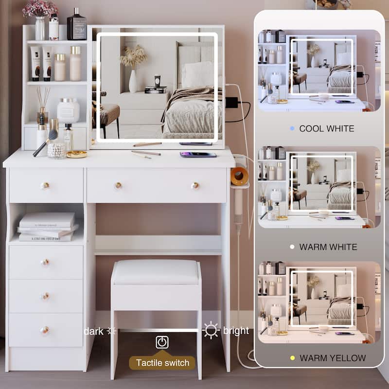 37" Middle Size Left Drawer Desktop Vanity Table + Cushioned Stool Dresser Set, Large Touch Control LED Sliding Mirror