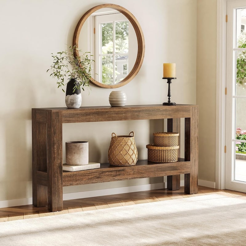 63-Inch Long Console Table for Living Room, Farmhouse Wood Entryway Table for Sofa, Entry, Hallway - 13.8" W x 63" L x 33.5" H - Dark Brown
