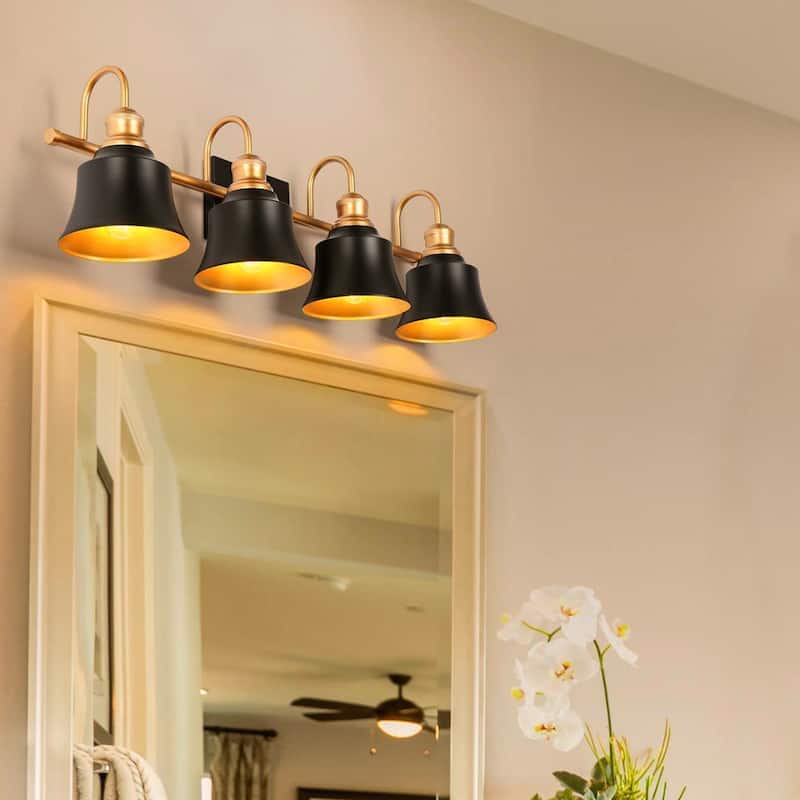 Farmhouse Rustic Black Metal 4-light Bathroom Vanity Light with Bell Metal Shade - L 31" x W 7.5" x H 9"
