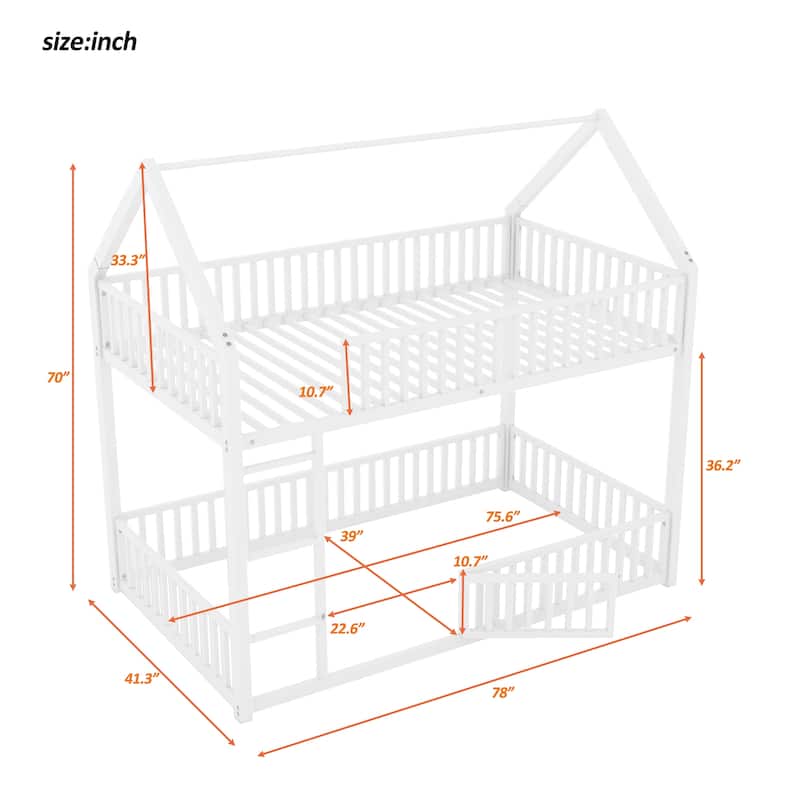 Twin over Twin House Bunk Bed, Modern Metal Floor Bunk Bed Frame with Full-length Guardrail & Door for Kids Bedroom