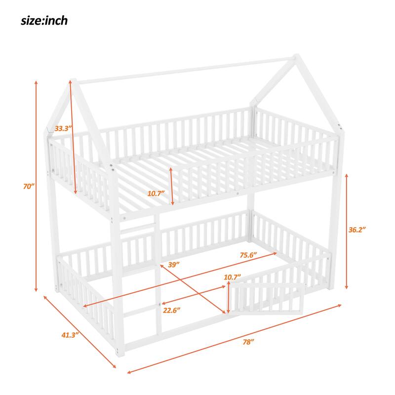White Metal Twin over Twin Bunk Bed with House Frame, Fence Guardrails, and Small Door