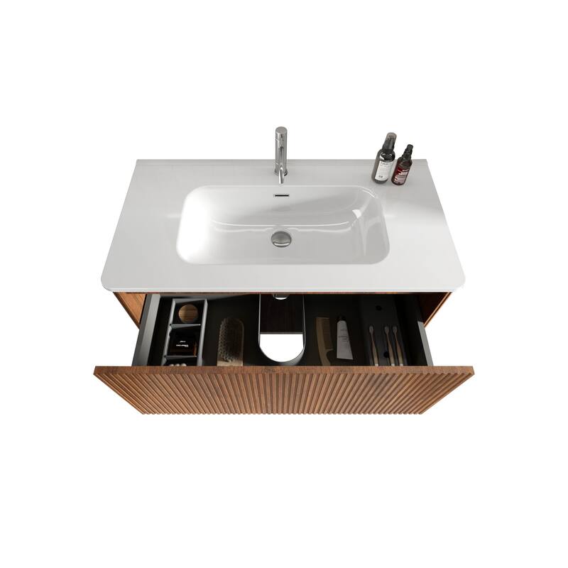 24 Inch Striped Walnut Bathroom Vanity with White Ceramic Sink,Wall Mounted Floating Bathroom Vanity for Modern Bathroom