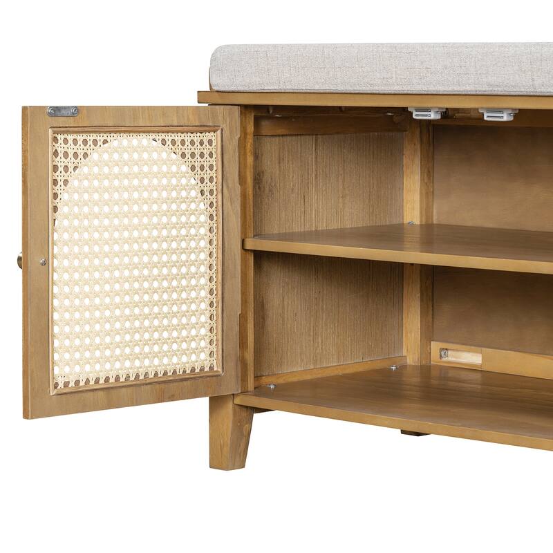 Storage Bench with Cushion,2 Drawers and Rattan Doors for Entryway