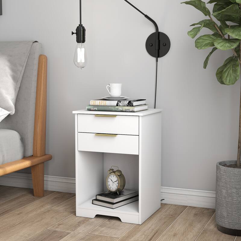 Anmytek White 2 Drawer Nightstand with Gold Handles, Modern Bedside Table End Table for Small Spaces