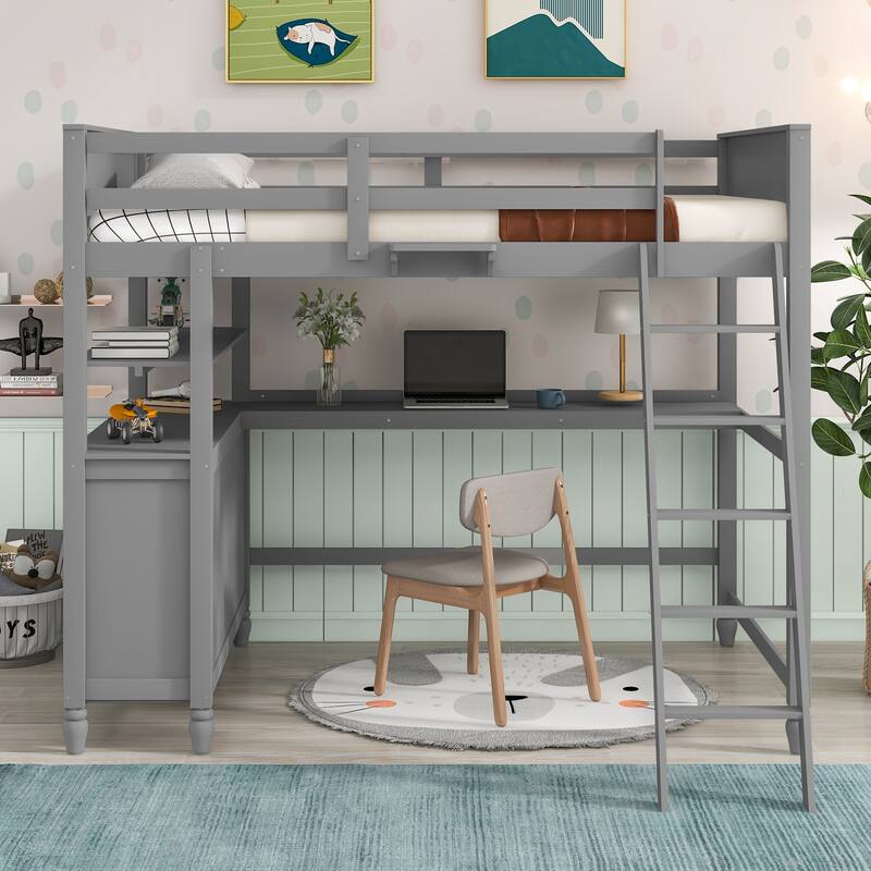 Full Size Loft Bed with Drawers and Writing Desk, Wooden Storage Bed with Shelves, Safety Guardrails and Ladder - Grey - Full