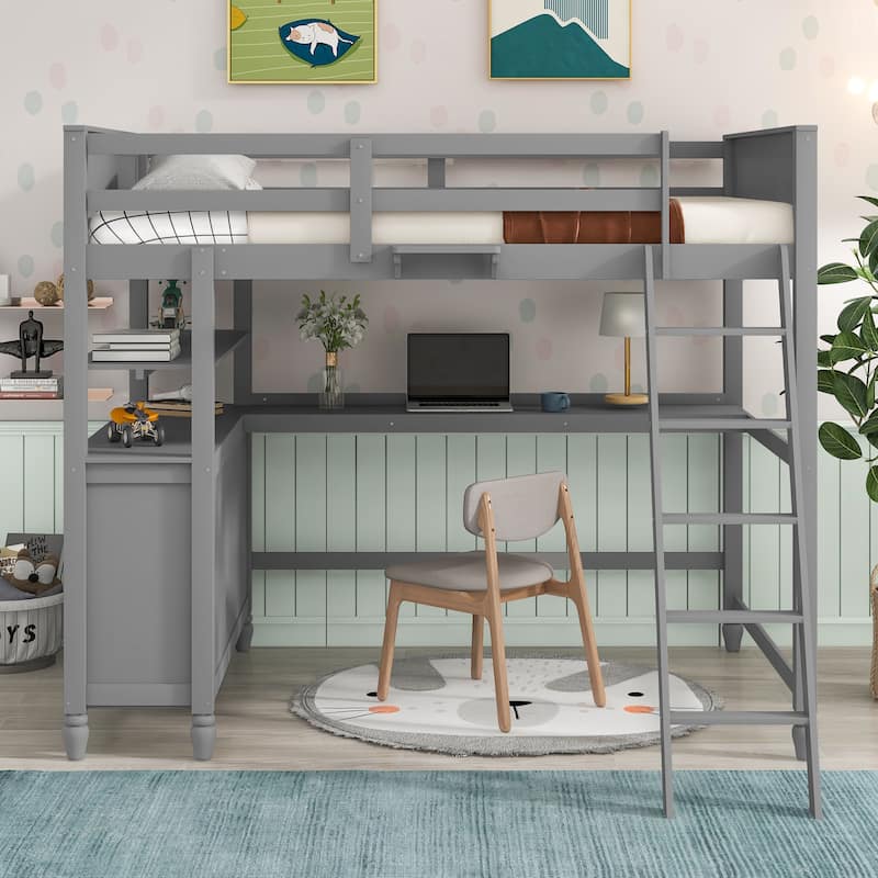 Space-Saving Full Loft Bed with Desk, Drawers, and Shelves in Gray