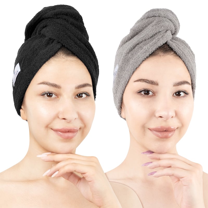 American Soft Linen 100% Cotton Hair Drying Towels for Women, Cotton Hair Turban Turkish Towel Wrap, Head Towel Cap for Hairs - Black and Rockridge