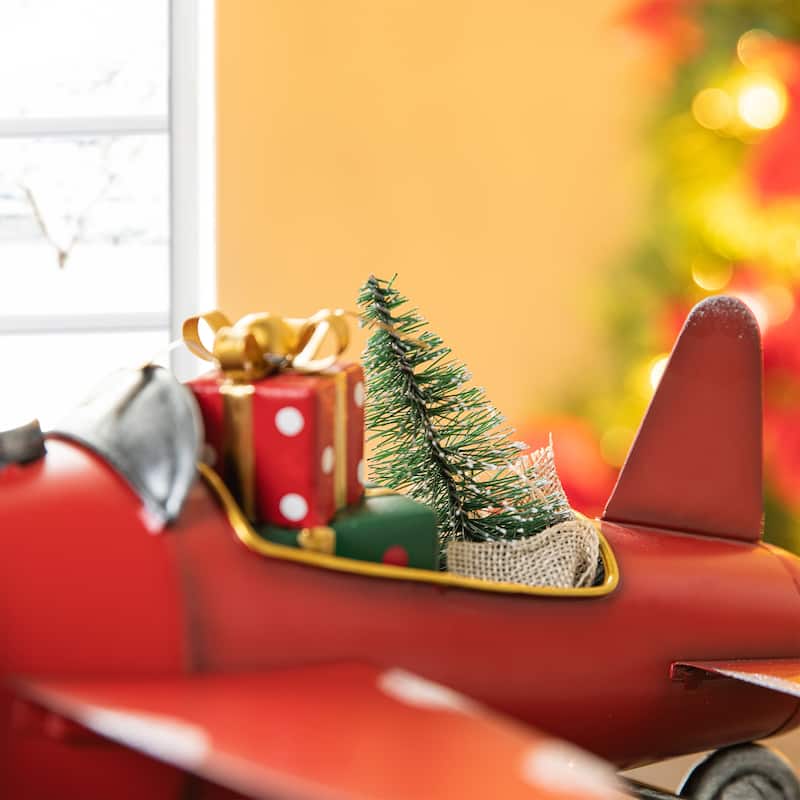 Glitzhome 14"L Christmas Metal Airplane with Gifts Table Decor