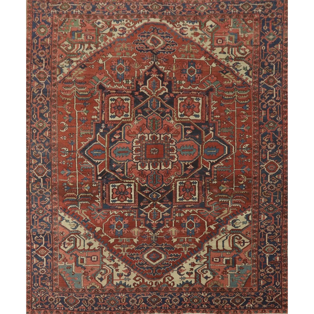 Hand Knotted Oriental 100% Wool Carpet Traditional Medallion Oranges & Rust Heriz (serapi) Area Rug - 11' 0'' X 10' 4''