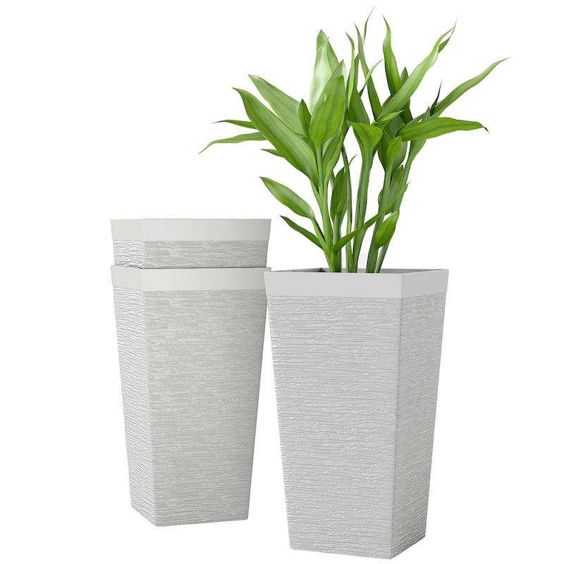 Outsunny 22.8 Inch Tall Planters for Outdoor Plants, Set of 3 Plastic Flower Pots with Stone Finish and Wheels