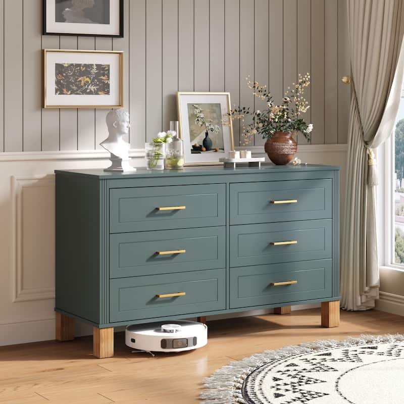 6-Drawer Double Dresser, Modern Storage Cabinet with Metal Handles & Solid Wood Legs