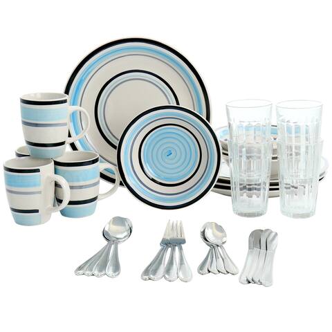 All U Need 32 Piece Ceramic Dinnerware Combo Set with Blue Stripes - 32 Piece