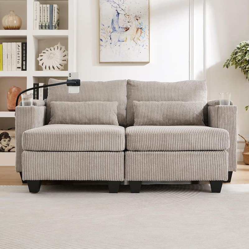 63" Convertible Chaise Lounge Chair, Corduroy Upholstered Sofa Bed with USB Ports & Cup Holders, Living Room Loveseat Sofa