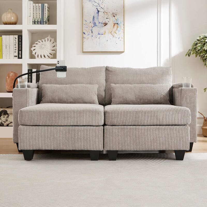 Corduroy Sofa Bed with USB Port - Brown - Chair