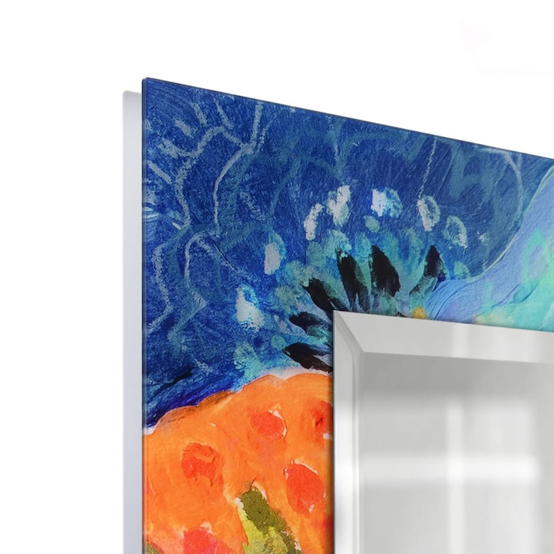 "Secret Garden Floral" Reverse Printed Beveled Art Glass Cabinet Console Table and Mirror Set