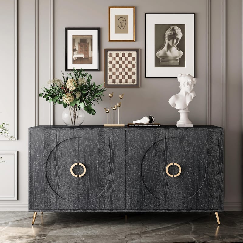 Modern Lacquered 4-Door Wooden Sideboard Buffet Cabinet - Distressed Black