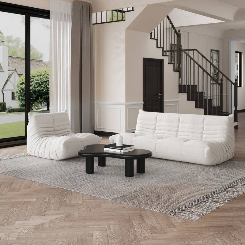 Modern Bean Bag Chair, Teddy Fabric Lounger Chair Lazy Sofa Set - Beige