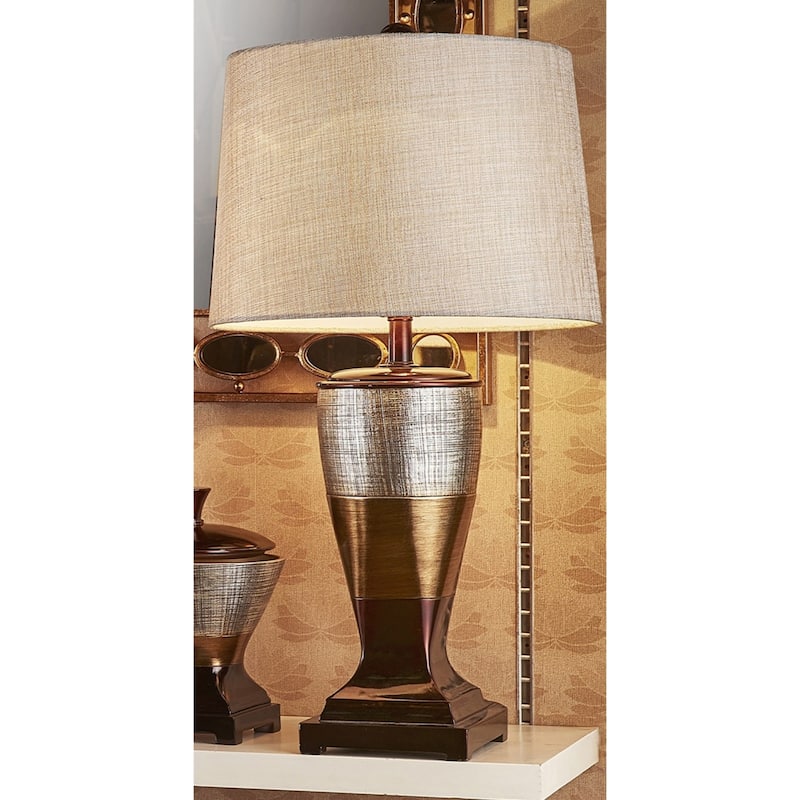Exotic Brown and Gold Polyresin Urn Table Lamp with Linen Empire Shade 3 Way Switch - 17” x 17” x 30” (D x W x H)