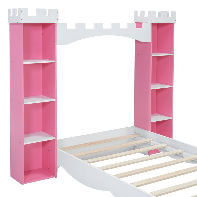 Castle-Shaped Wooden Platform Bed Frame, Kids Dreamy Panel Bed, 2 Storage Cabinets on Both Sides of the Bed
