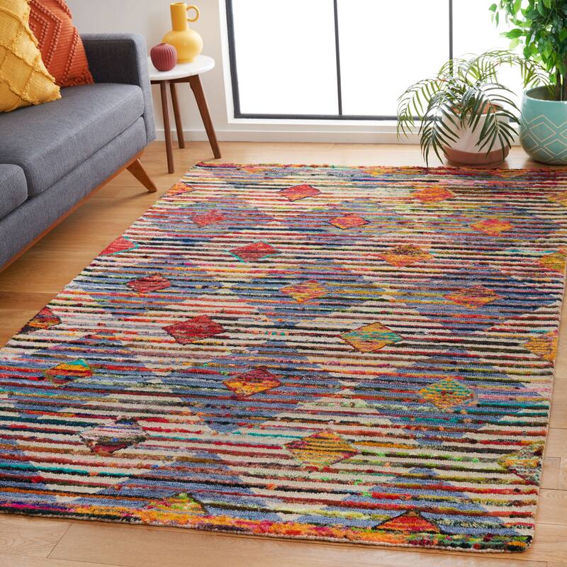 SAFAVIEH Handmade Nantucket Kaja Bohemian Wool & Cotton Rug - 3' x 5' - Beige/Blue
