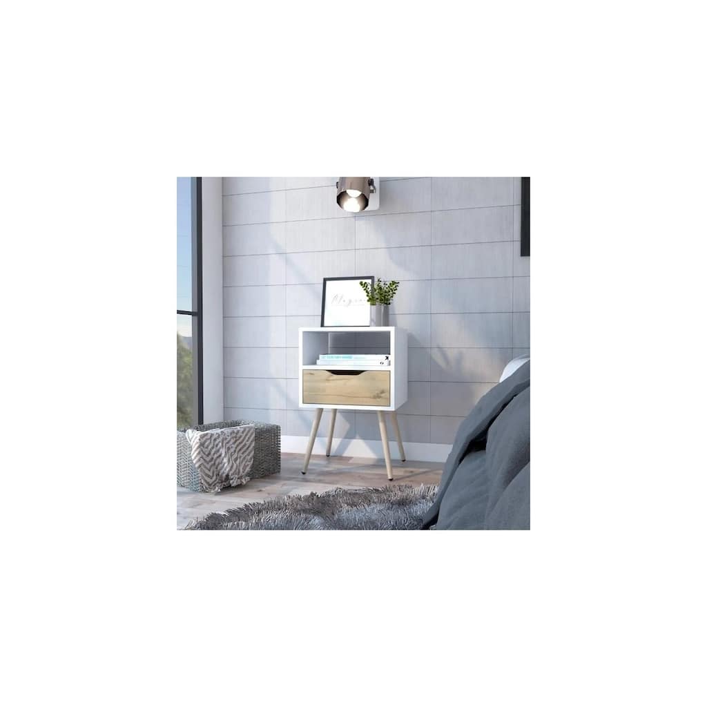 Lugo Nightstand, White-Brown - Stylish Bedside Table with Drawer and Open Shelf for Storage