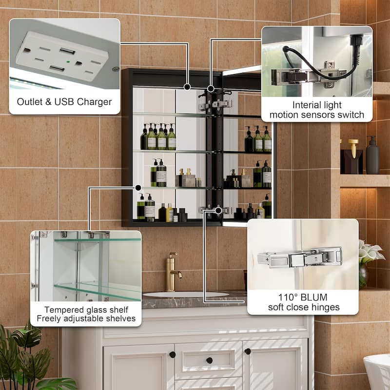 30'' H Recessed Or Surface Wall Mounted LED Mirror Cabinet With Mirror And Adjustable Shelves,Black Frame