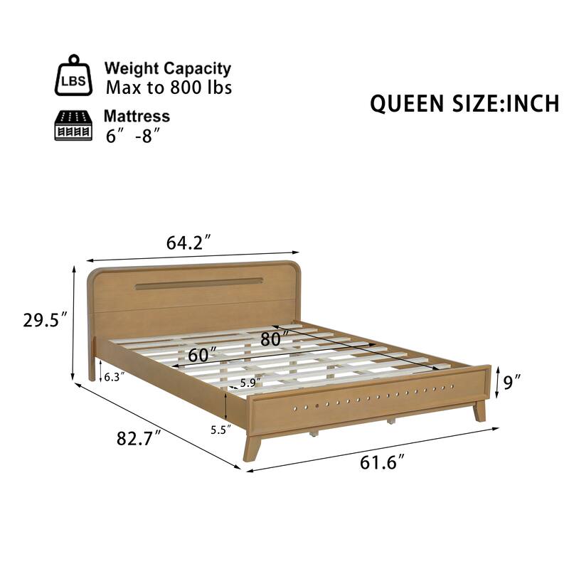 Pine Solid Wood Platform Bed with Headboard, Mid Century Bed Frame with Wood Slat Support