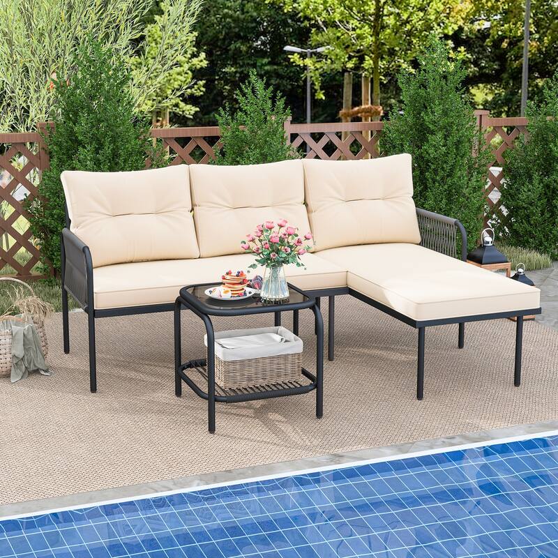 Gymax 3-Piece L Shaped Patio Furniture Set w/Tempered Glass Table Back - Beige